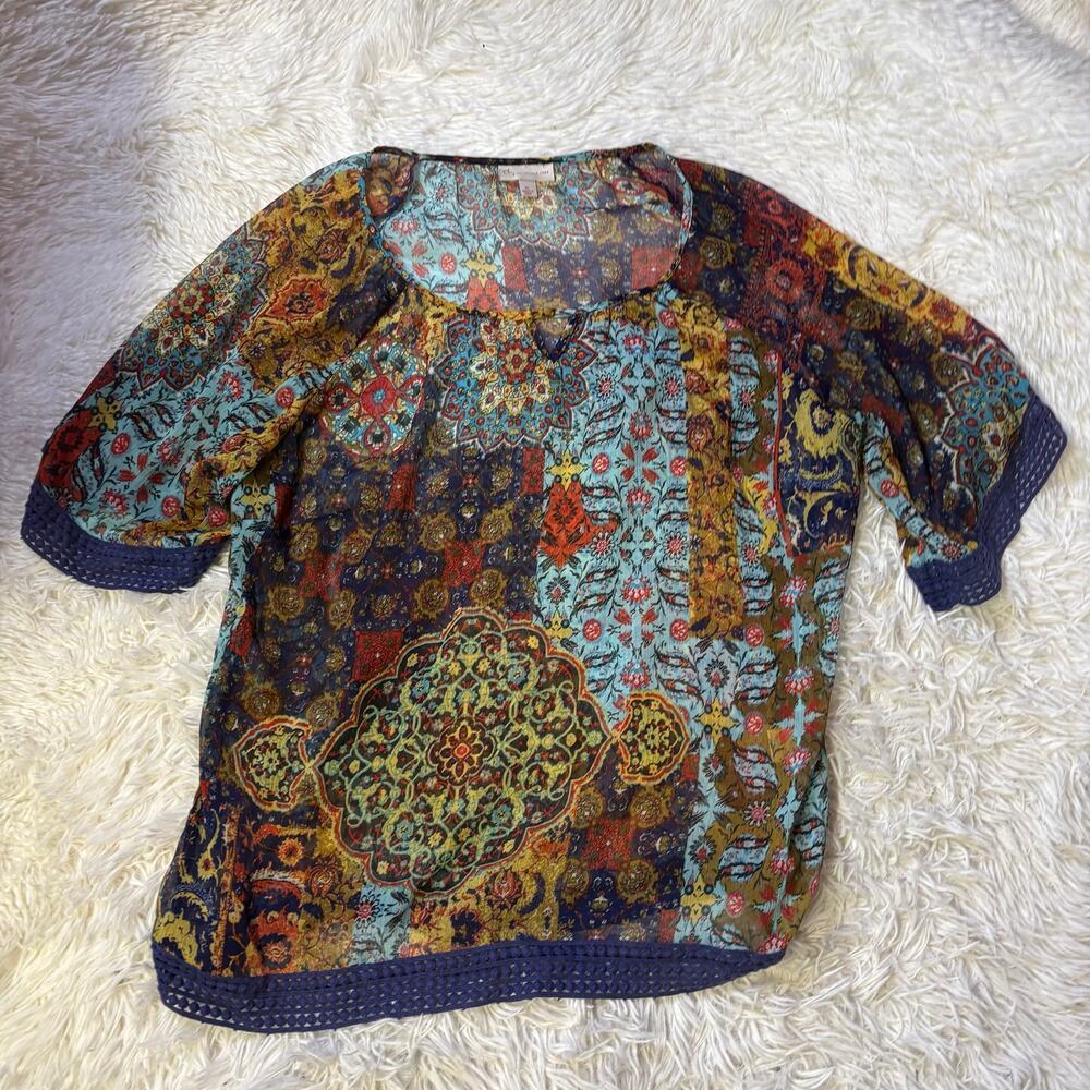 CB WOMENS XL bohemian blouse patchwork print crochet trim